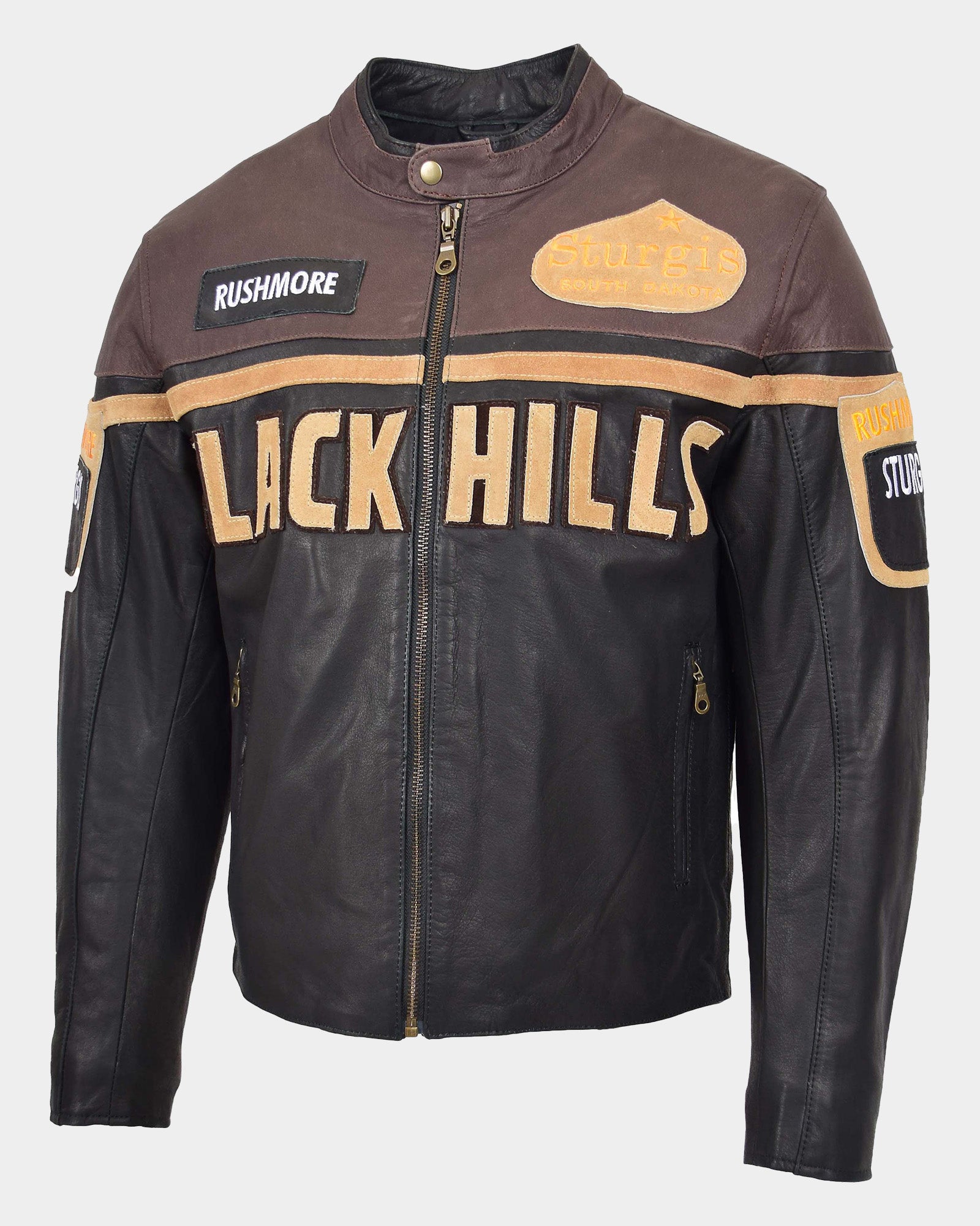 Mens Leather Racing Badges Jacket 'Black Hills' Zenith Brown