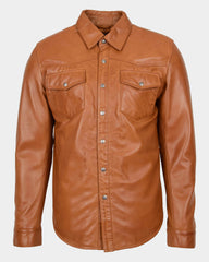 Mens Leather Shirt Classic Trucker Style Oliver Dynamo Tan
