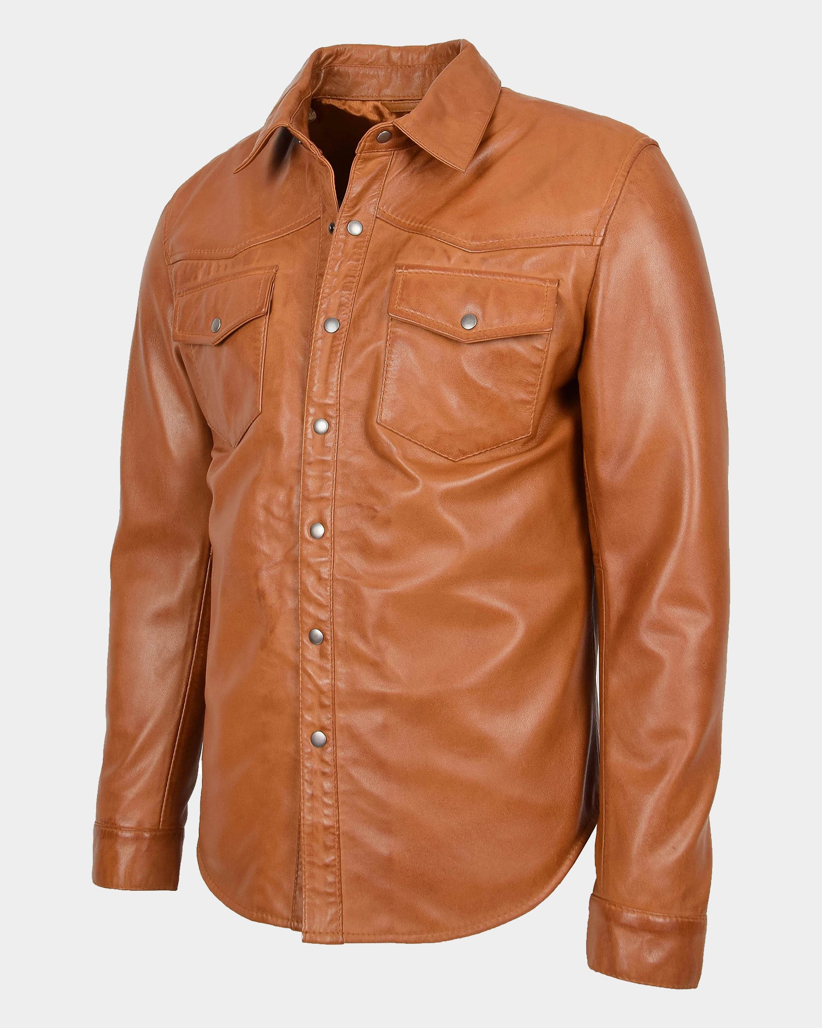 Mens Leather Shirt Classic Trucker Style Oliver Dynamo Tan
