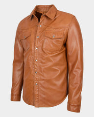 Mens Leather Shirt Classic Trucker Style Oliver Dynamo Tan