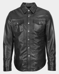 Mens Leather Shirt Classic Trucker Style Oliver Nova Black