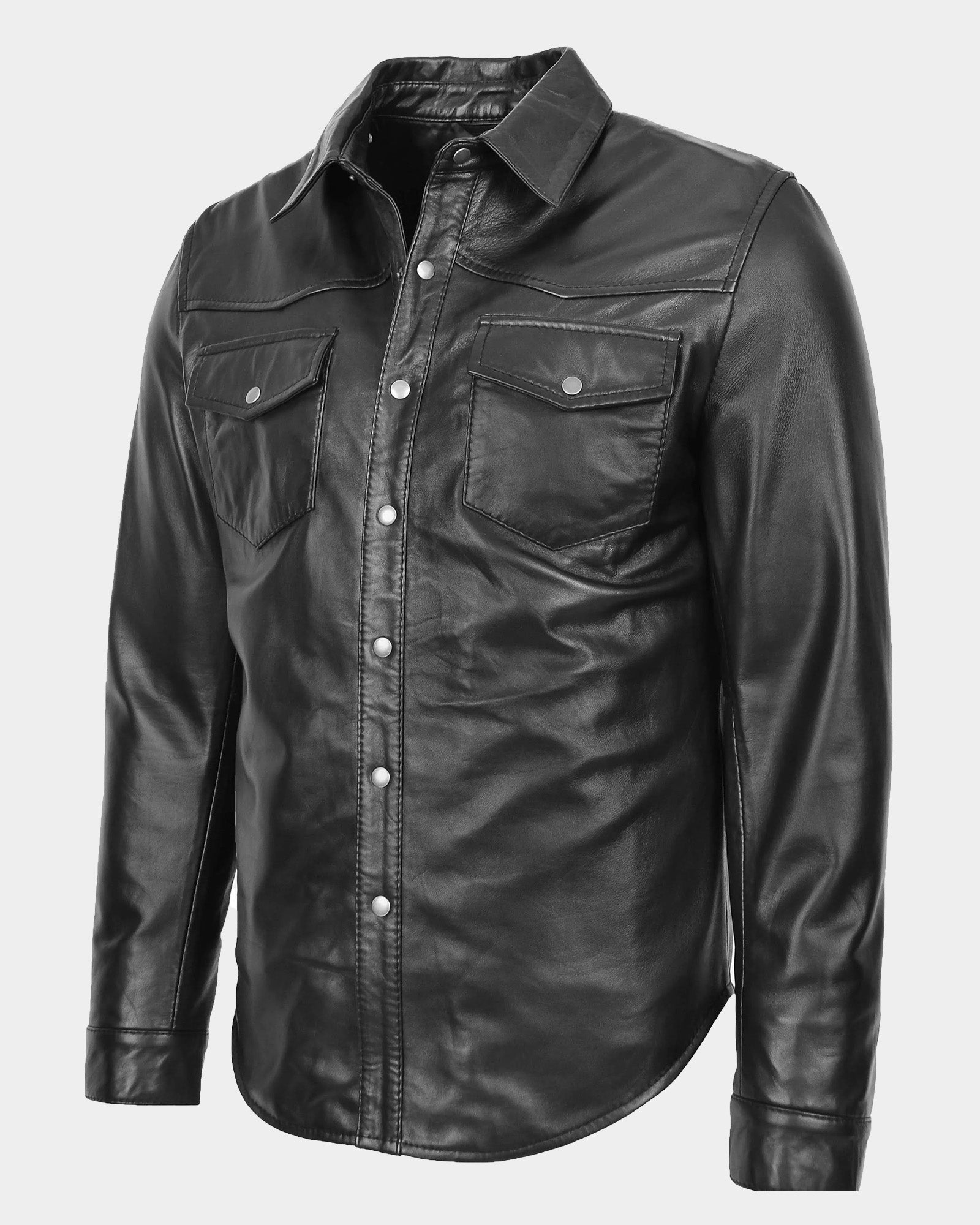 Mens Leather Shirt Classic Trucker Style Oliver Nova Black