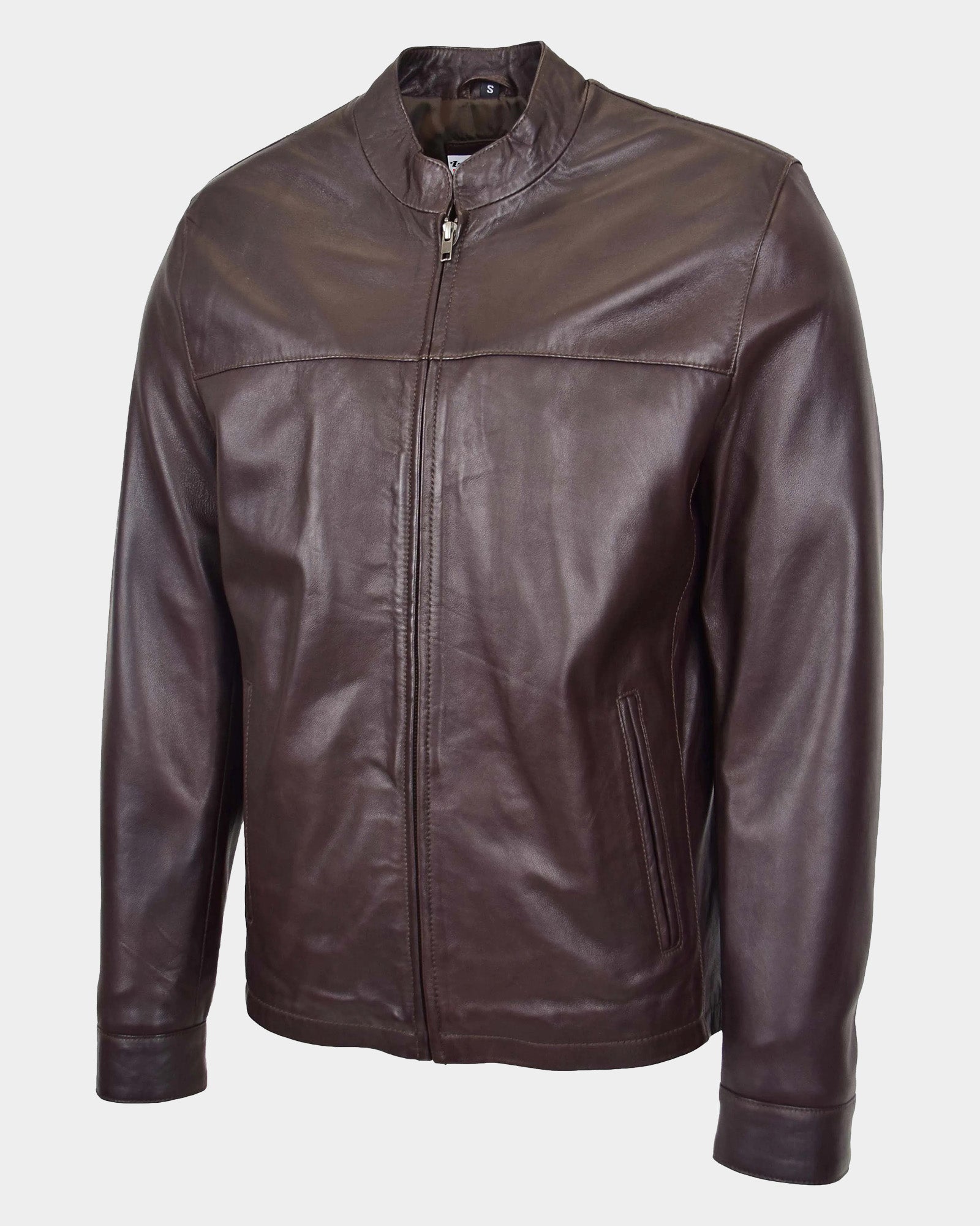 Mens Leather Standing Collar Jacket Paul Zenith Brown