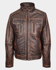 Mens Leather Urban Biker Style Jacket Hugo Zenith Brown Vintage