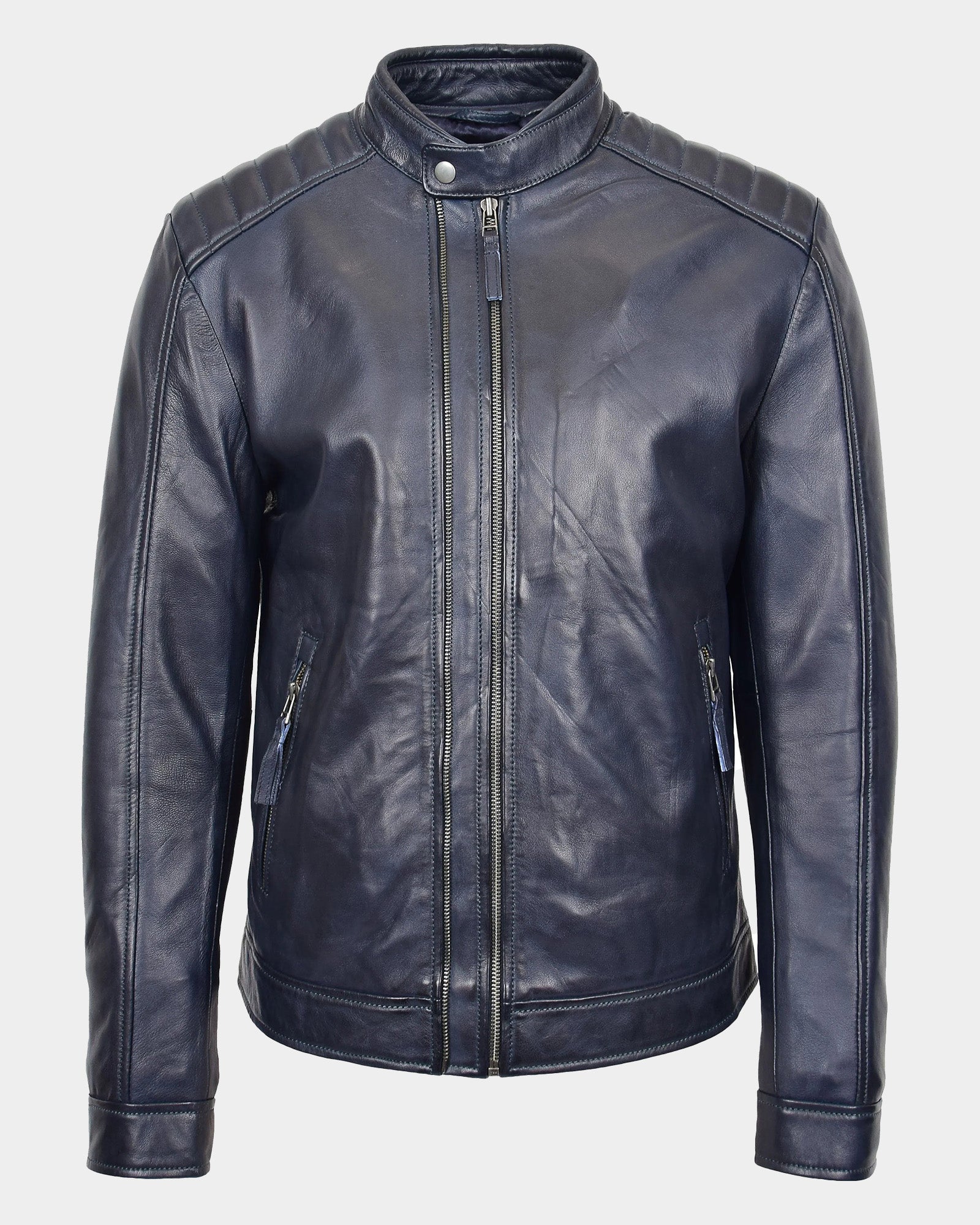 Mens Real Leather Biker Jacket Archie Luna Navy Blue