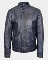Mens Real Leather Biker Jacket Archie Luna Navy Blue