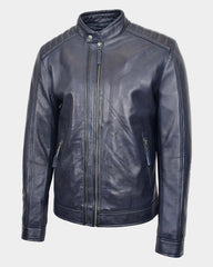 Mens Real Leather Biker Jacket Archie Luna Navy Blue