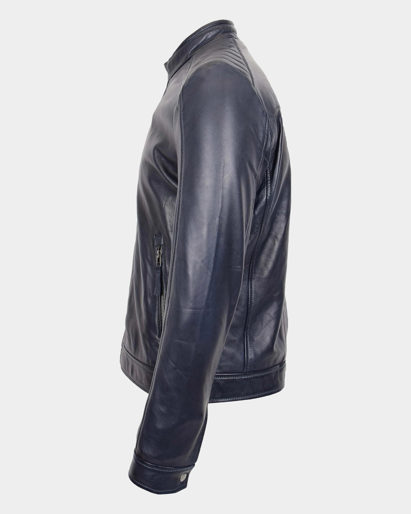 Mens Real Leather Biker Jacket Archie Luna Navy Blue