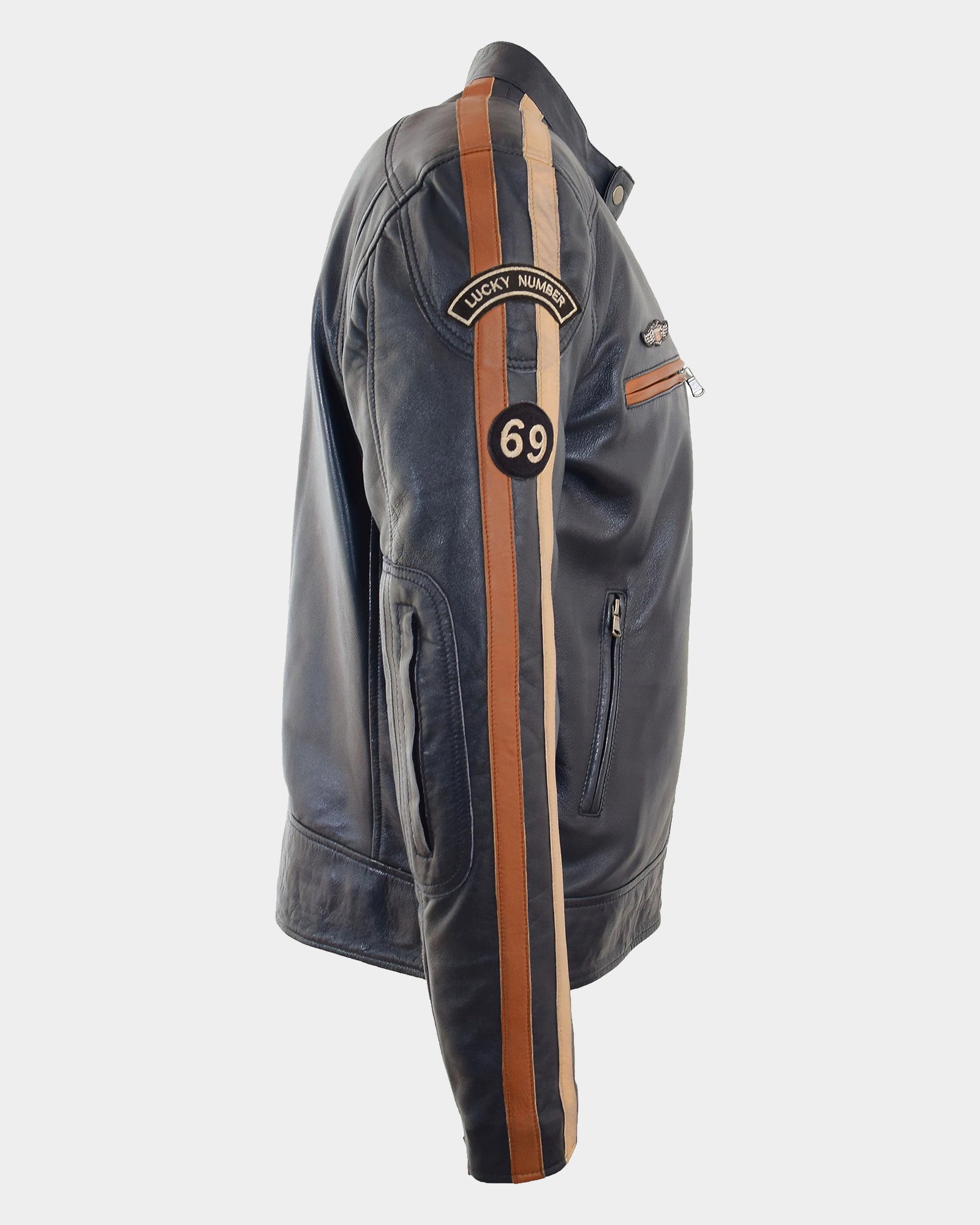 Mens Real Leather Biker Jacket Cafe Racer Style Badges TRON Luna Navy