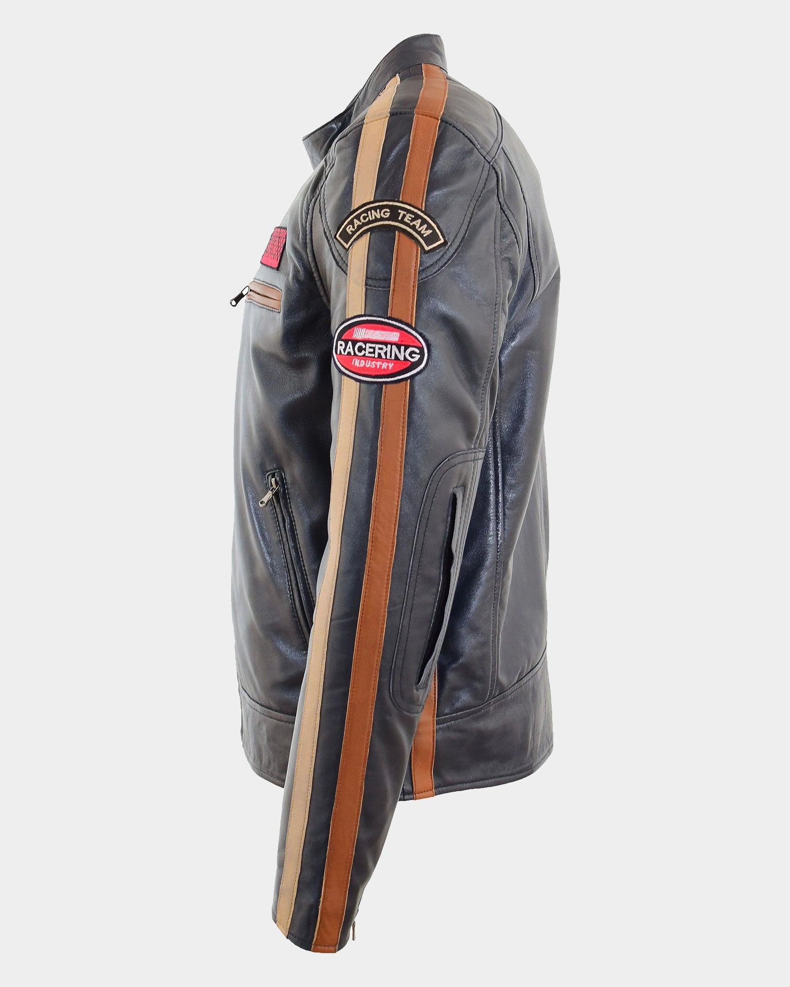 Mens Real Leather Biker Jacket Cafe Racer Style Badges TRON Luna Navy