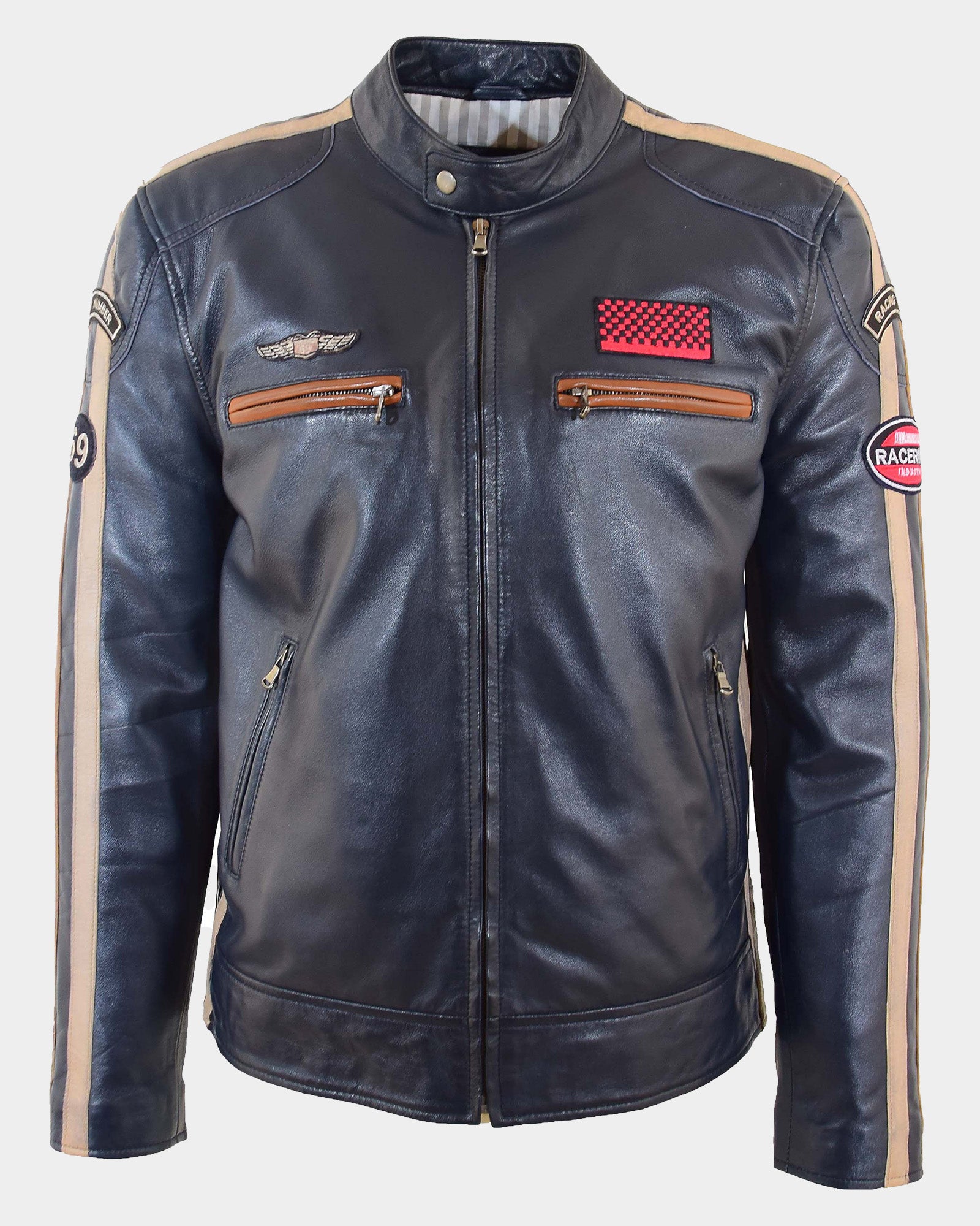 Mens Real Leather Biker Jacket Cafe Racer Style Badges TRON Luna Navy