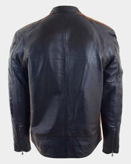 Mens Real Leather Biker Jacket Cafe Racer Style Badges TRON Luna Navy