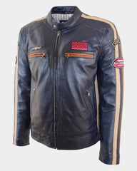 Mens Real Leather Biker Jacket Cafe Racer Style Badges TRON Luna Navy