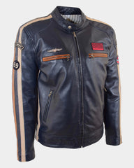 Mens Real Leather Biker Jacket Cafe Racer Style Badges TRON Luna Navy