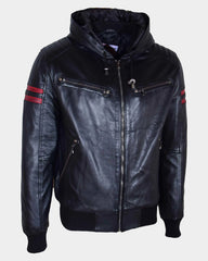 Mens Real Leather Bomber Zip Jacket Hooded RAMMY Nova Black