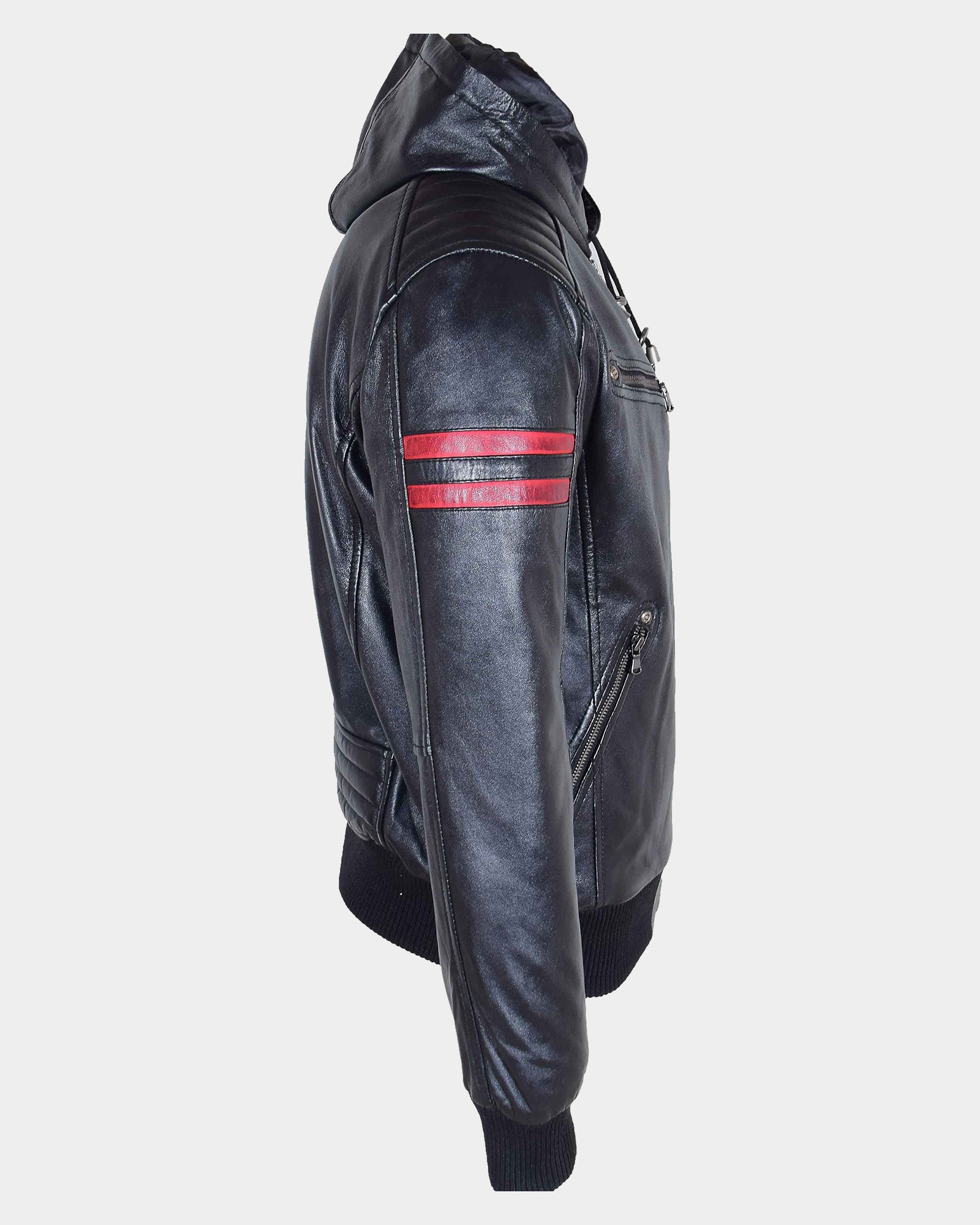 Mens Real Leather Bomber Zip Jacket Hooded RAMMY Nova Black