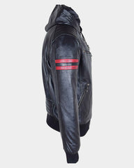 Mens Real Leather Bomber Zip Jacket Hooded RAMMY Nova Black
