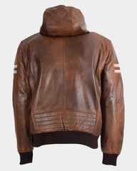 Mens Real Leather Bomber Zip up Detachable Hoodie Jacket Dallas Clestial Cognac