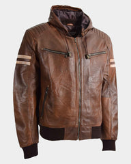 Mens Real Leather Bomber Zip up Detachable Hoodie Jacket Dallas Clestial Cognac