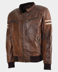 Mens Real Leather Bomber Zip up Detachable Hoodie Jacket Dallas Clestial Cognac