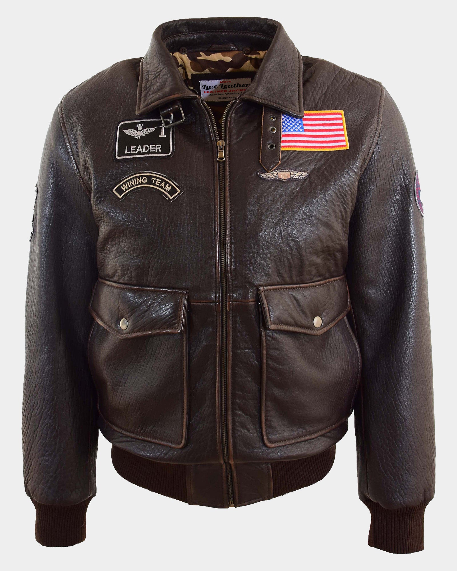 Mens Real Leather G-1 Bomber Jacket Airforce Badges FINCH Zenith Brown