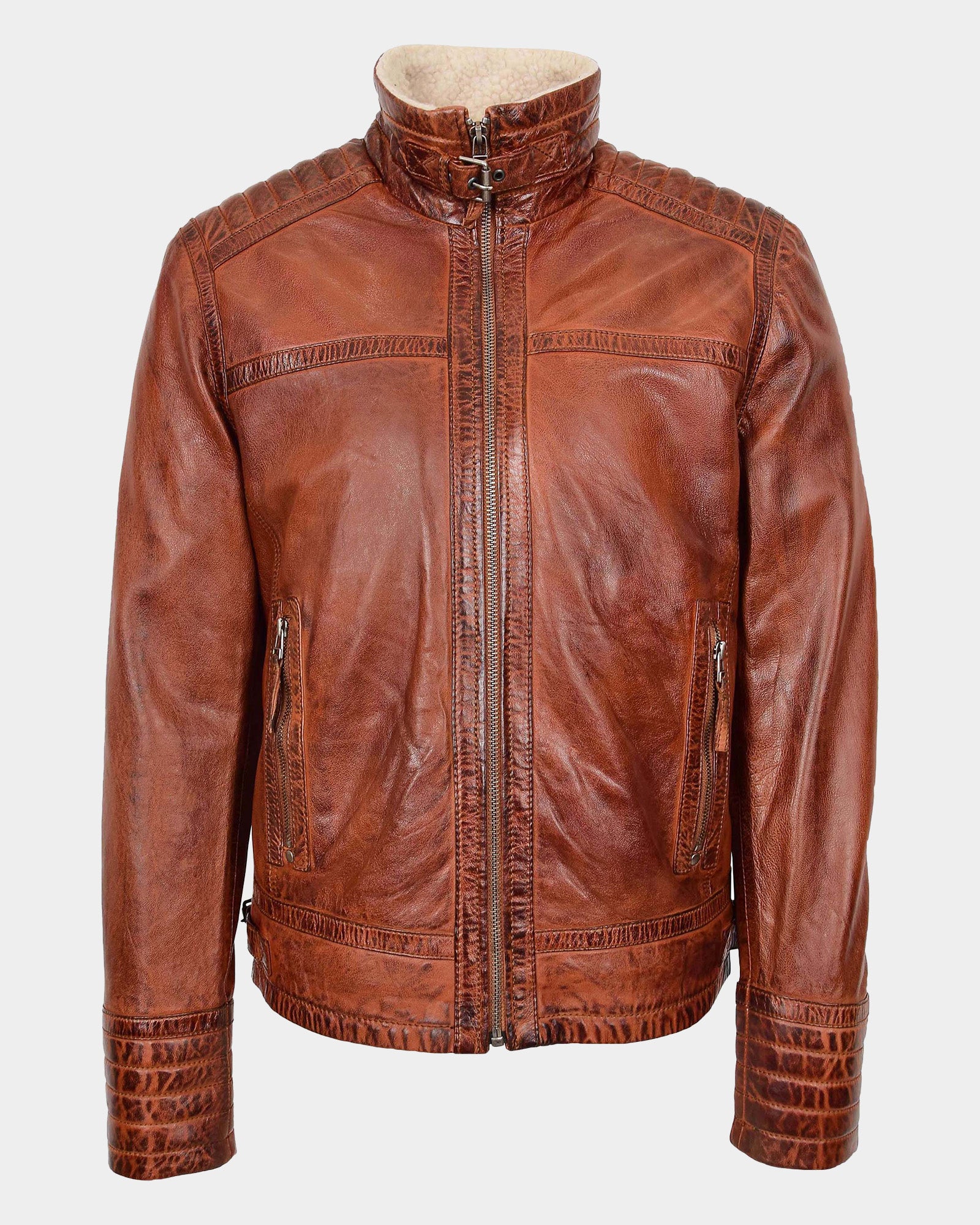 Mens Real Leather Sherpa Lined Jacket Alfie Zenith Brown