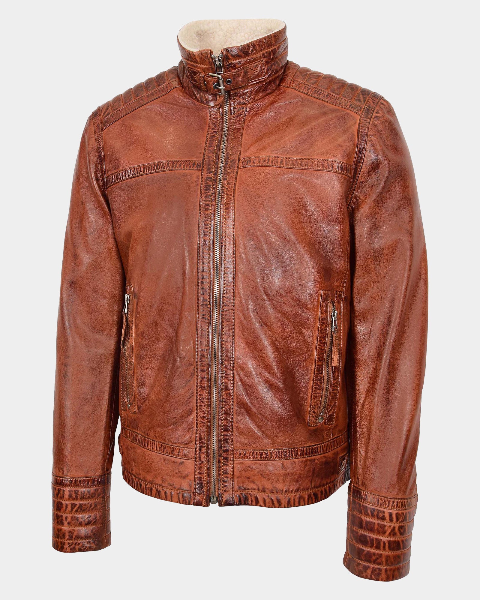Mens Real Leather Sherpa Lined Jacket Alfie Zenith Brown
