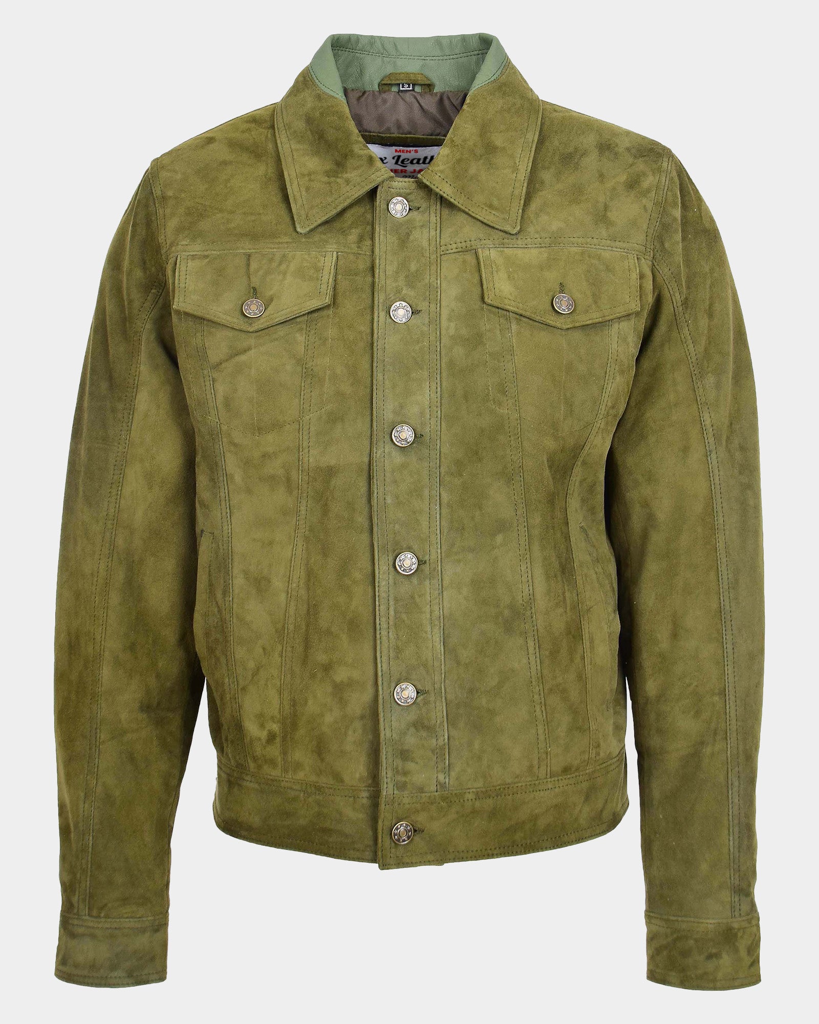 Mens Real Suede Trucker Harrington Jacket Daryl Aurora Green