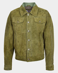 Mens Real Suede Trucker Harrington Jacket Daryl Aurora Green