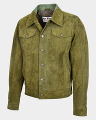 Mens Real Suede Trucker Harrington Jacket Daryl Aurora Green