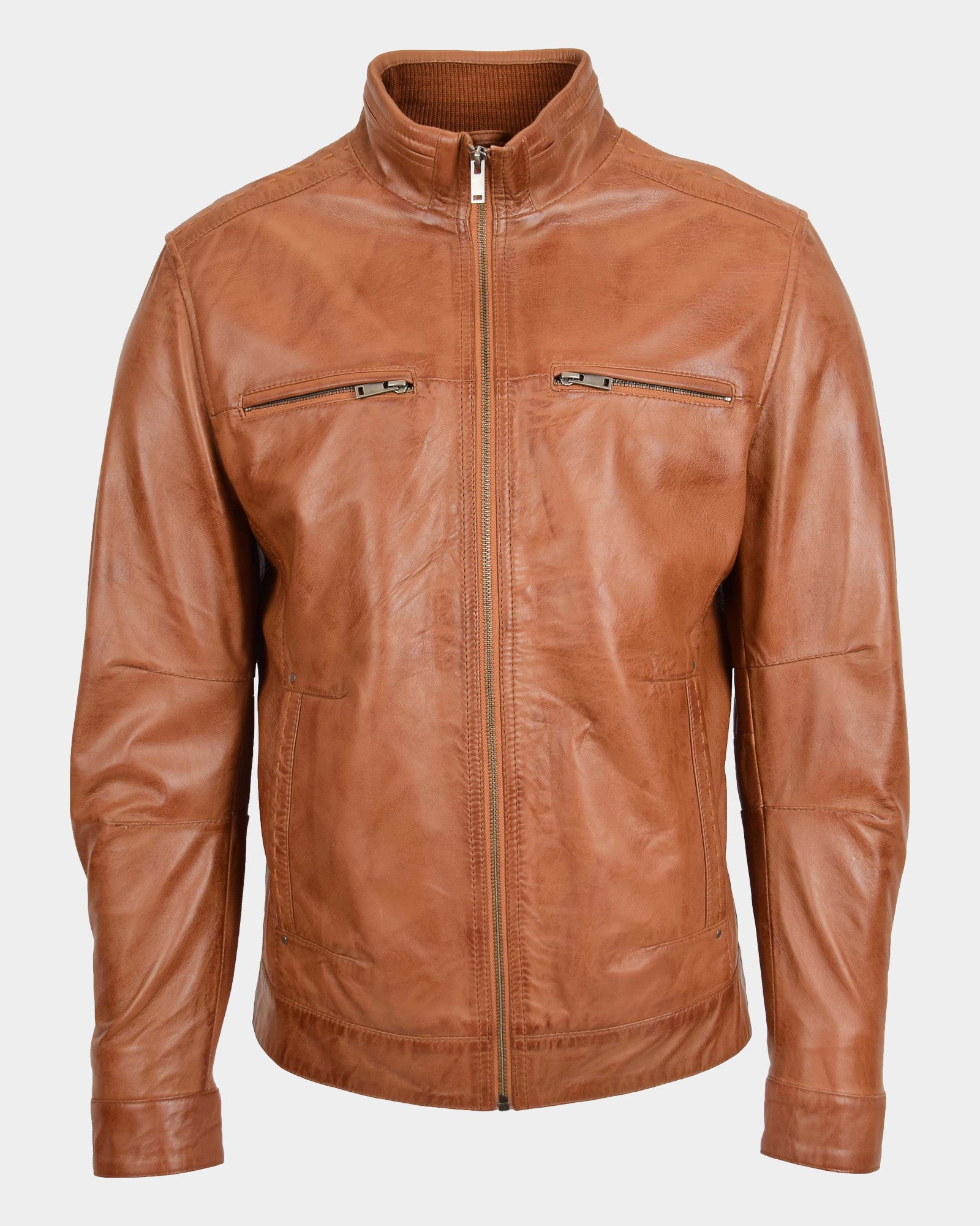Men's Standing Collar Leather Jacket Tony Dynamo Tan