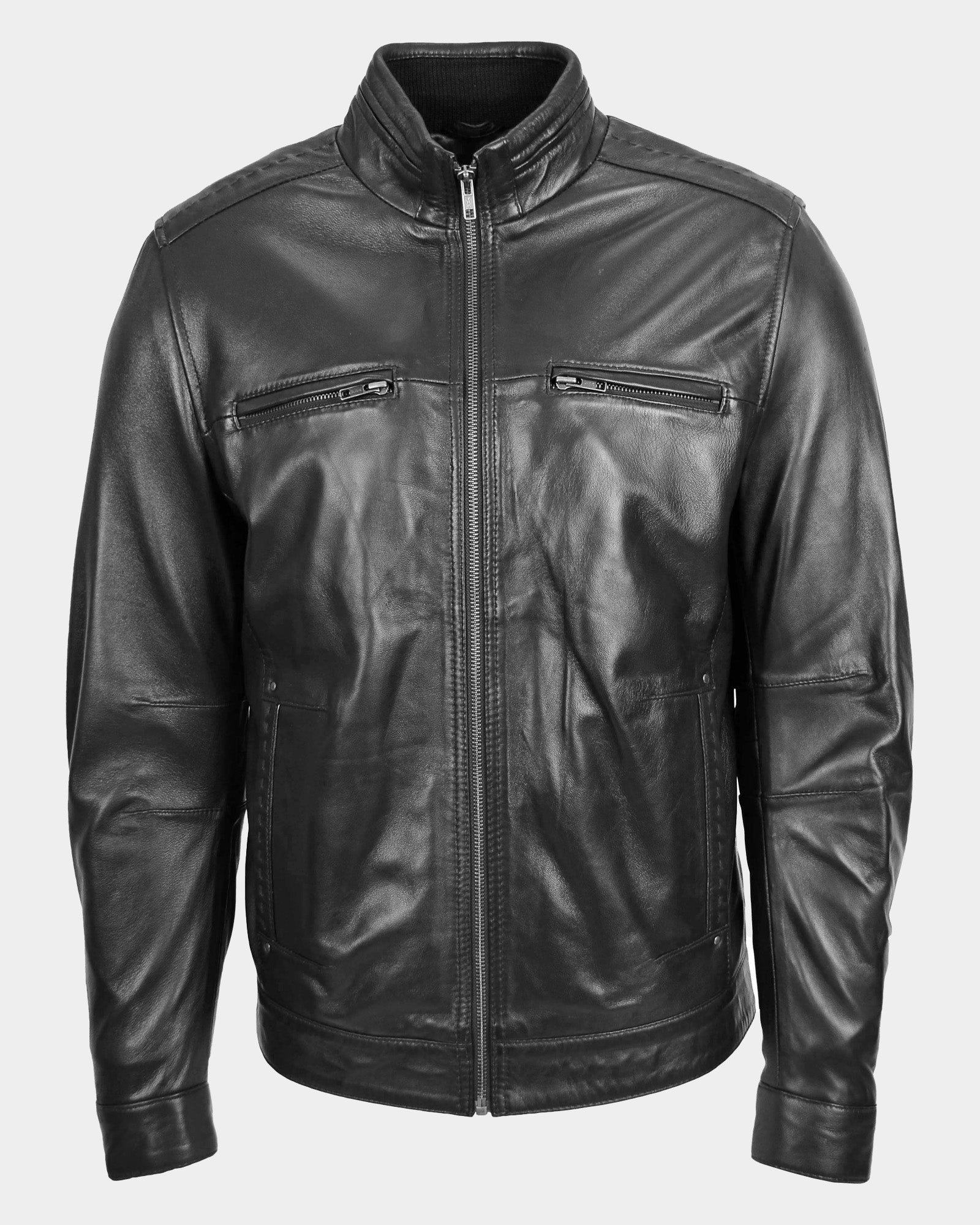 Men's Standing Collar Leather Jacket Tony Nova Black