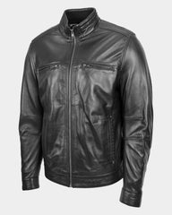 Men's Standing Collar Leather Jacket Tony Nova Black