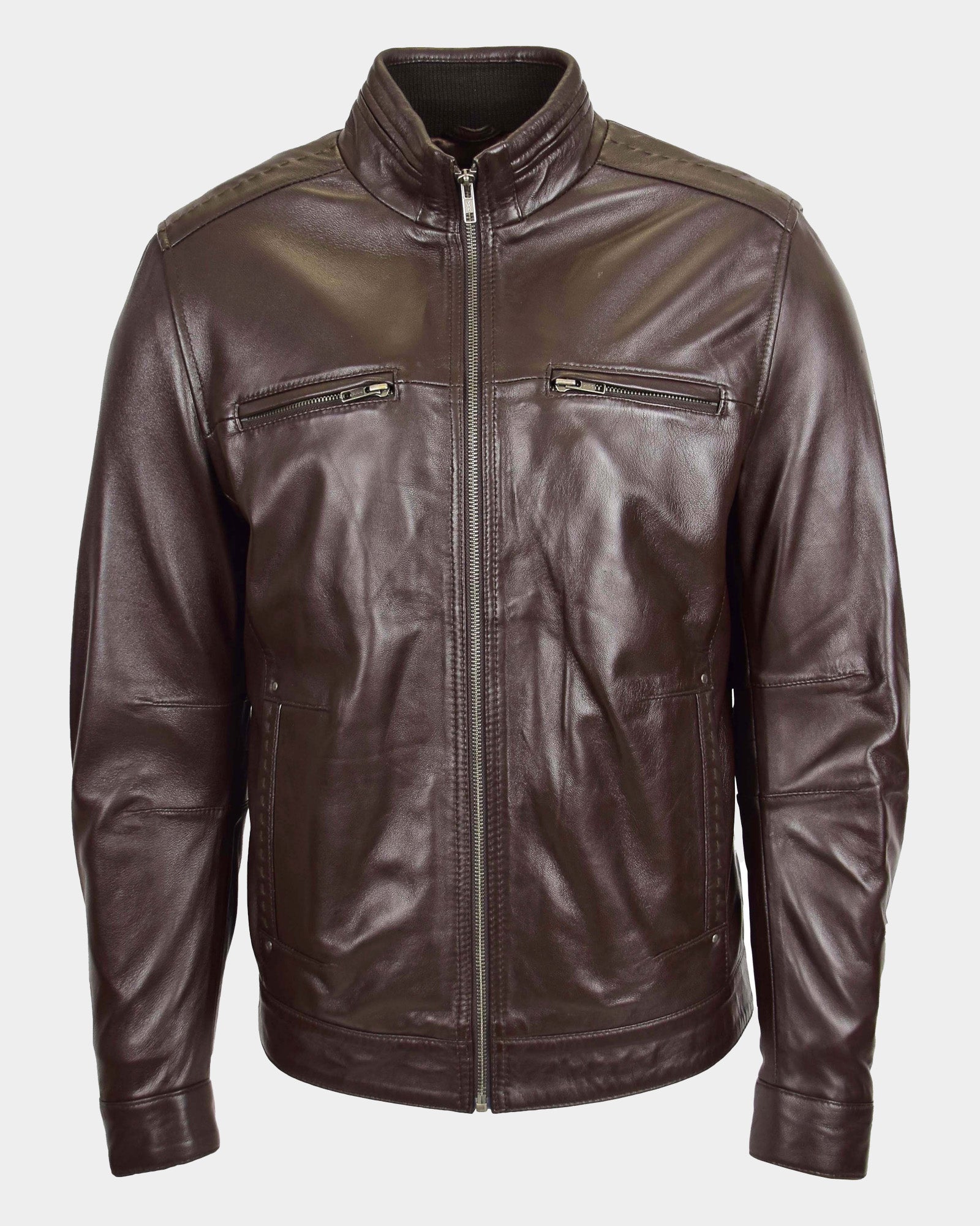 Men's Standing Collar Leather Jacket Tony Zenith Brown