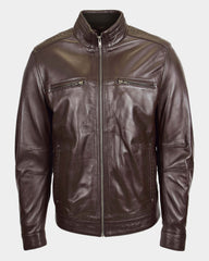 Men's Standing Collar Leather Jacket Tony Zenith Brown