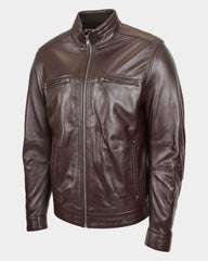 Men's Standing Collar Leather Jacket Tony Zenith Brown