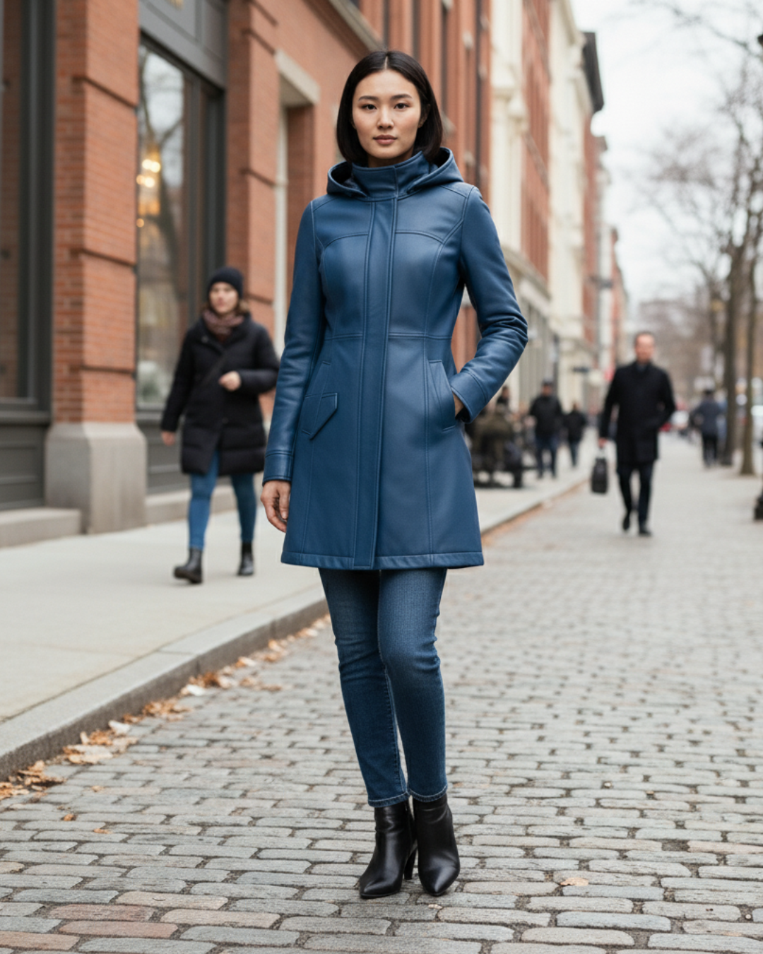 Azure Harbor Detachable-Hood Leather Coat — Azure Blue