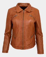 Womens Classic Leather Biker Zip Box Jacket Dynamo Tan