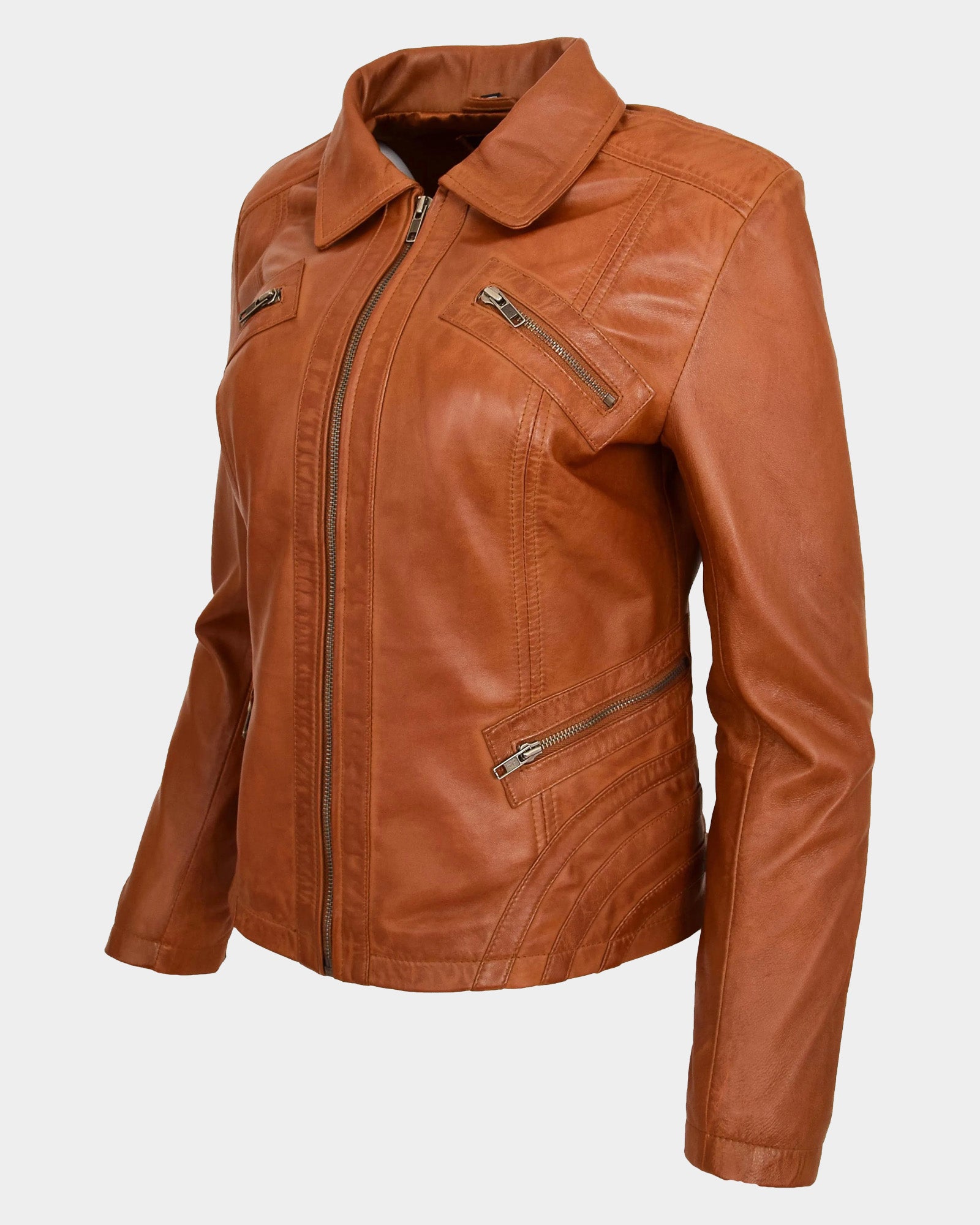 Womens Classic Leather Biker Zip Box Jacket Dynamo Tan