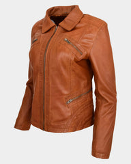 Womens Classic Leather Biker Zip Box Jacket Dynamo Tan