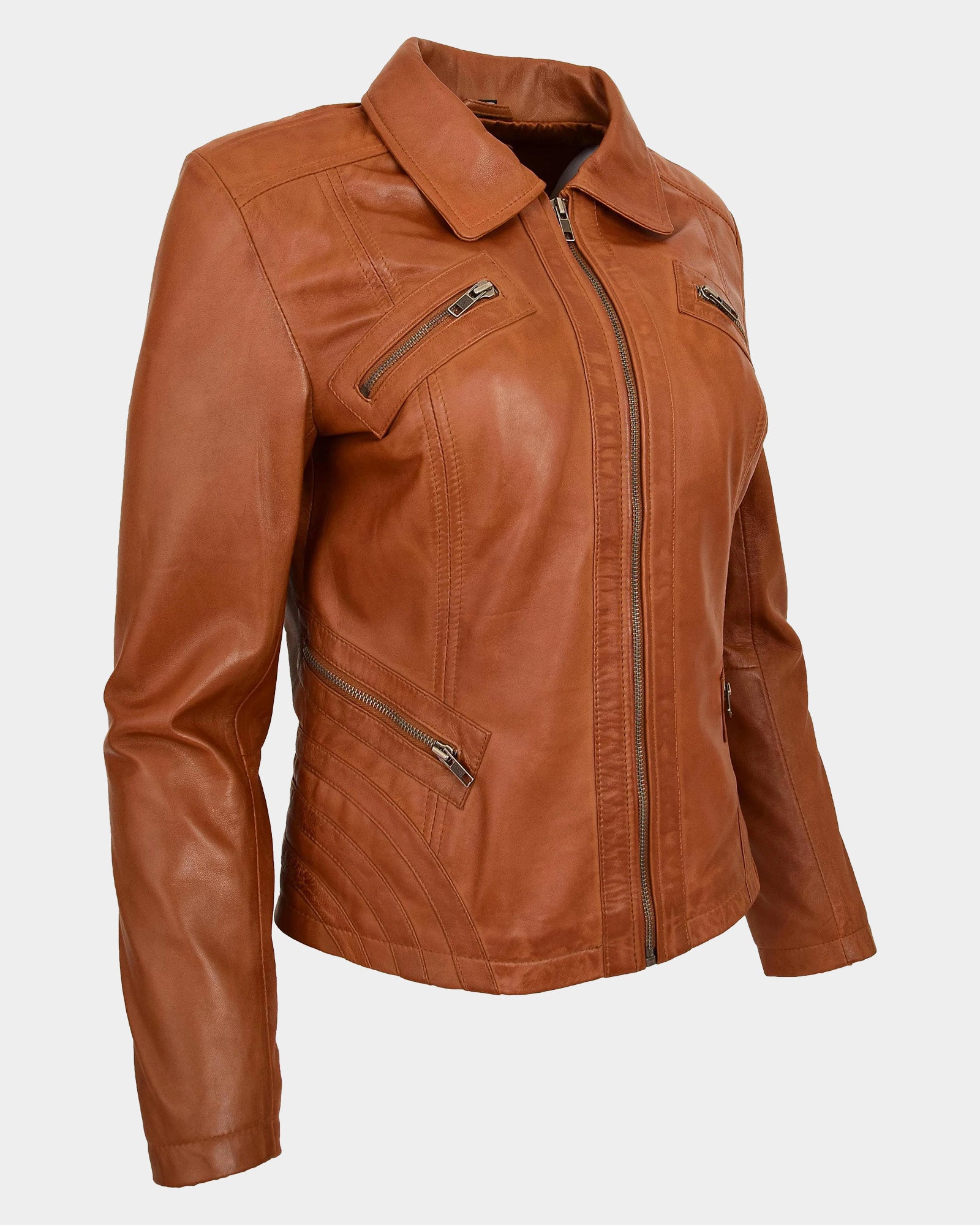 Womens Classic Leather Biker Zip Box Jacket Dynamo Tan