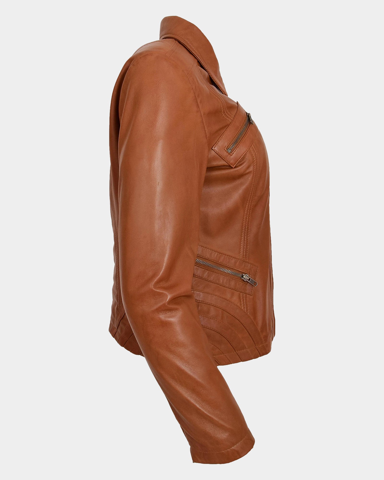 Womens Classic Leather Biker Zip Box Jacket Dynamo Tan
