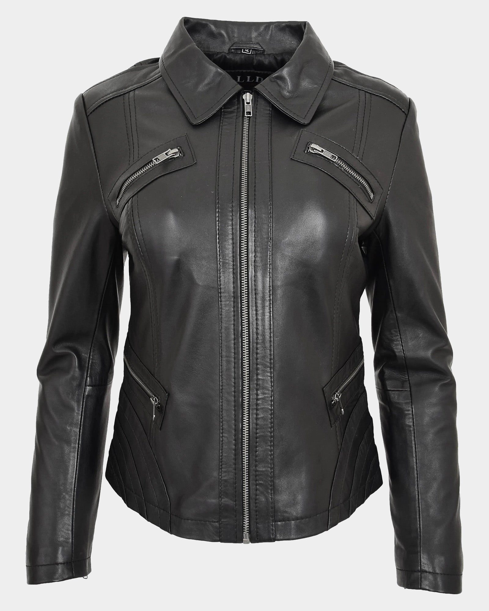 Womens Classic Leather Biker Zip Box Jacket Nova Black