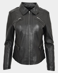 Womens Classic Leather Biker Zip Box Jacket Nova Black