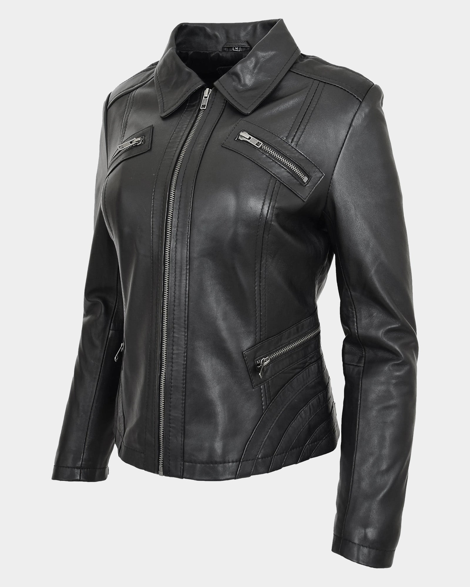 Womens Classic Leather Biker Zip Box Jacket Nova Black