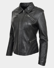 Womens Classic Leather Biker Zip Box Jacket Nova Black