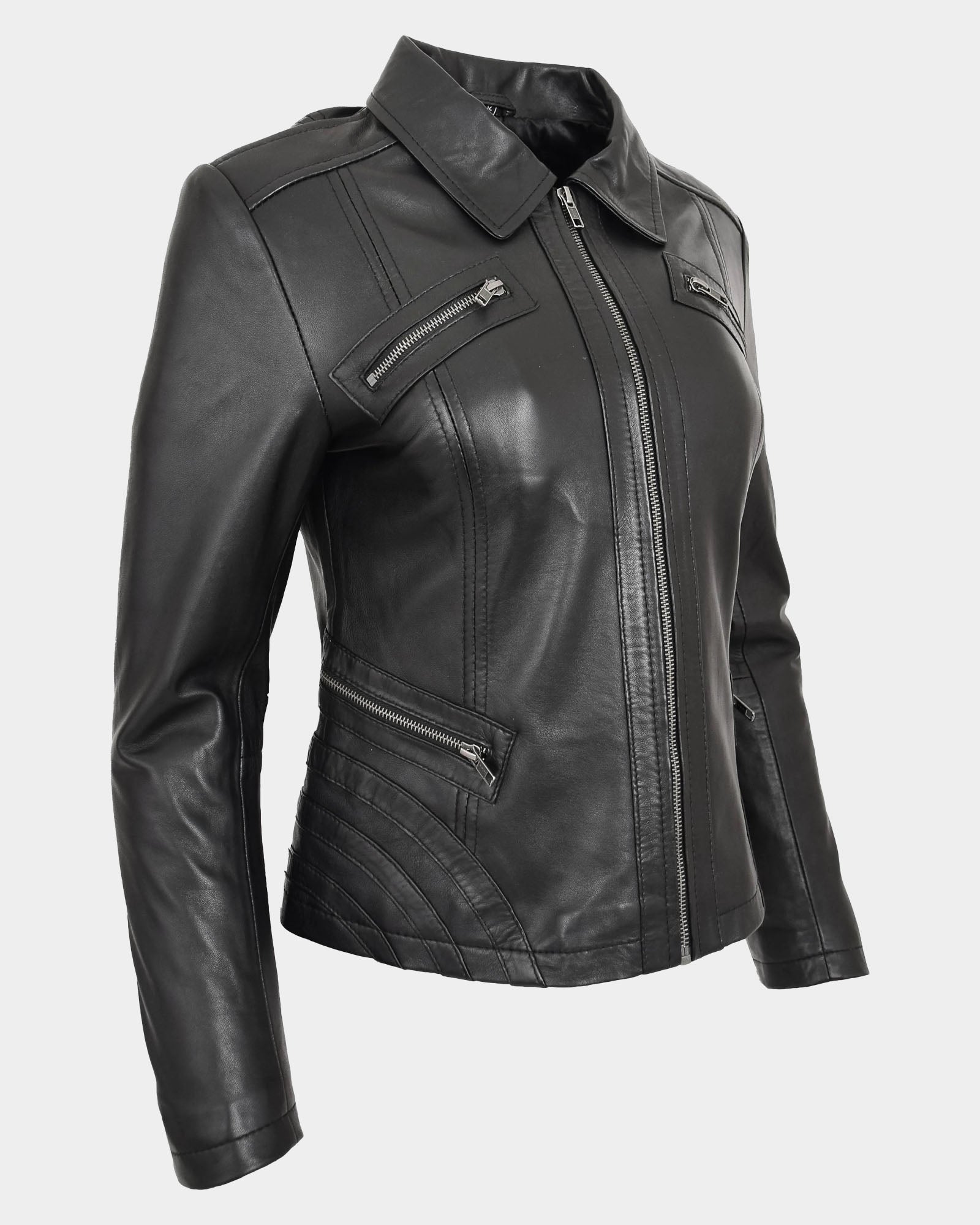 Womens Classic Leather Biker Zip Box Jacket Nova Black