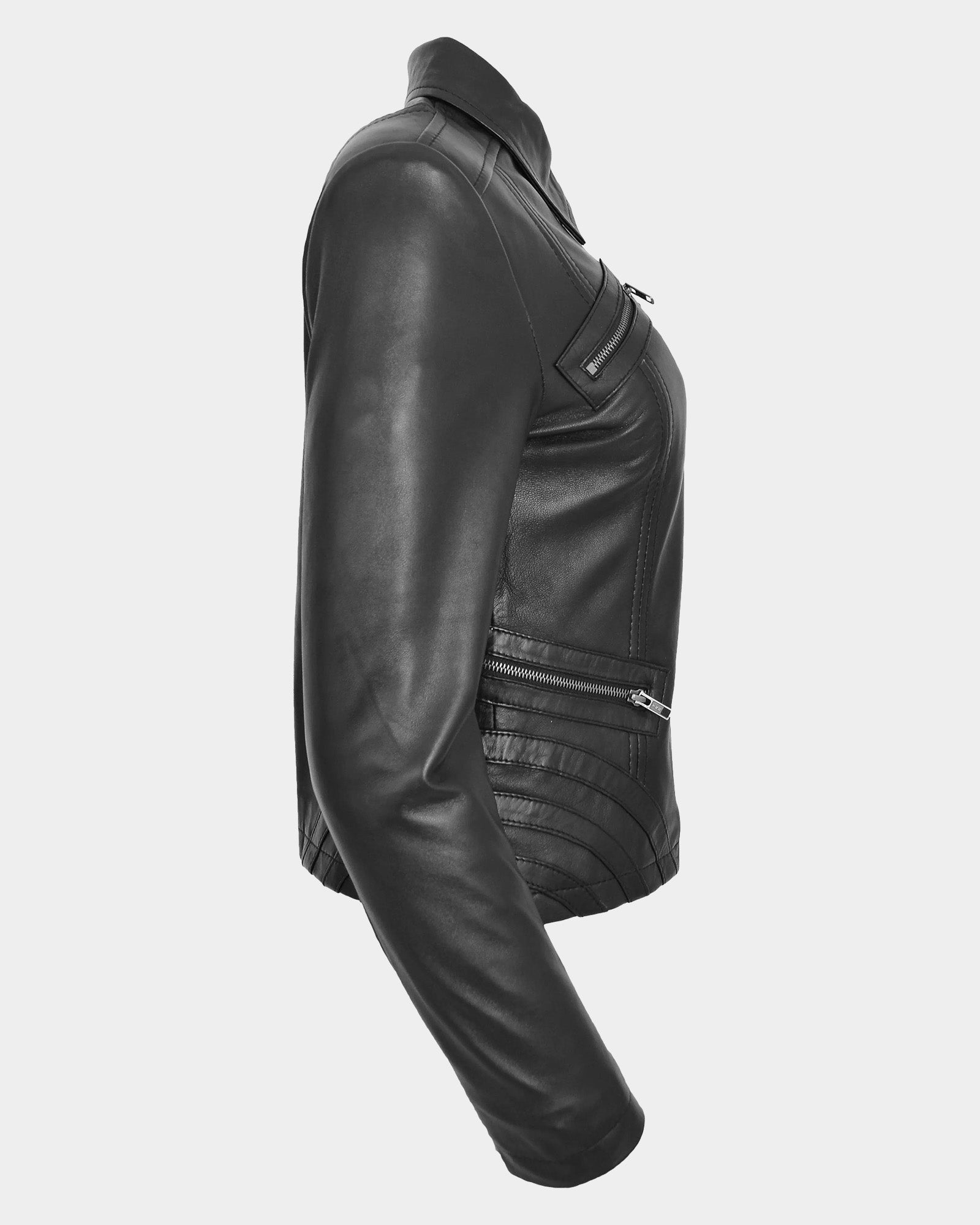 Womens Classic Leather Biker Zip Box Jacket Nova Black
