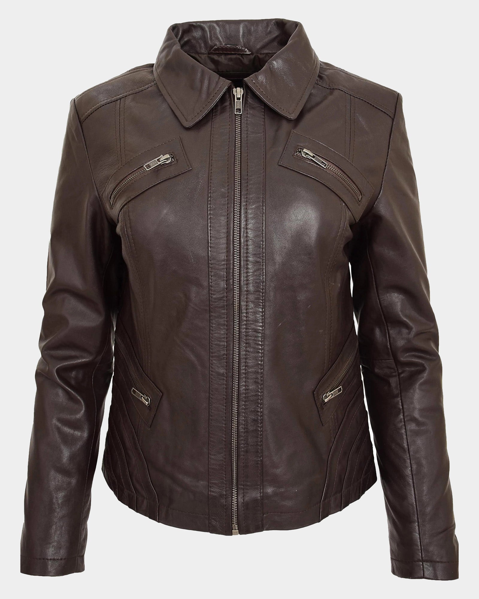 Womens Classic Leather Biker Zip Box Jacket Zenith Brown