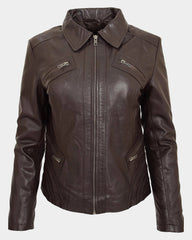 Womens Classic Leather Biker Zip Box Jacket Zenith Brown
